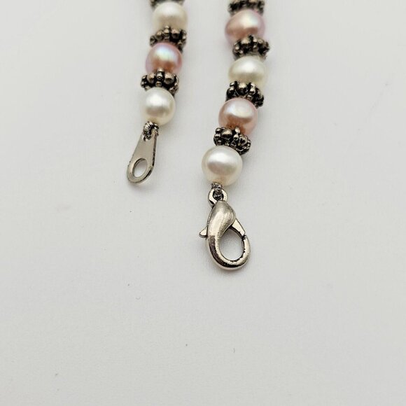 Classic 18" Freshwater Pearl Necklace Pink White Silver Beads Feminine Romantic - Picture 5 of 16
